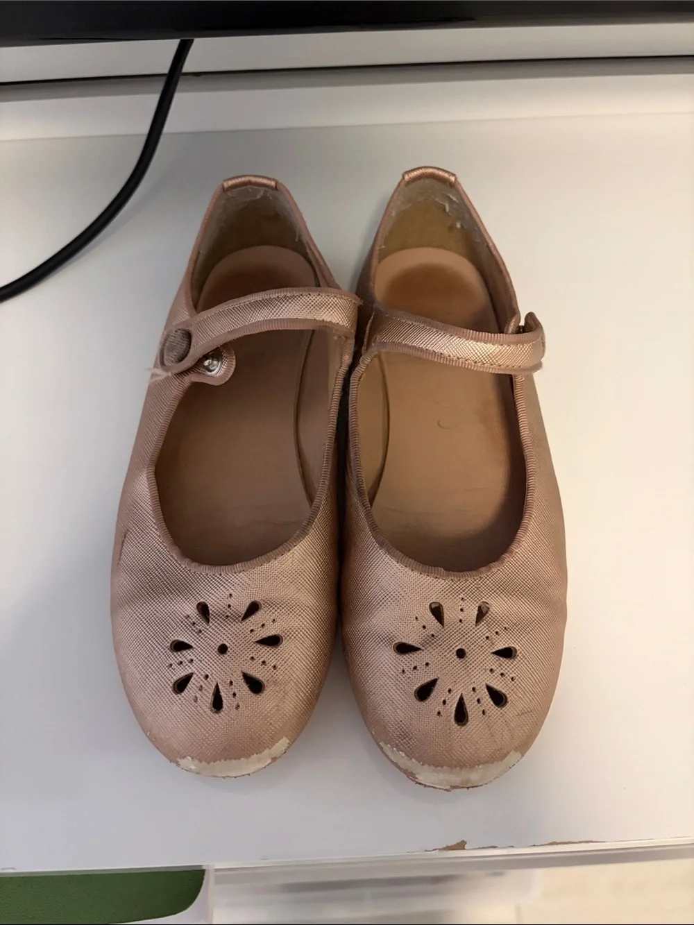 Girls Shimmering Rose Gold Mary Jane Flats with Floral Cutouts Size 34